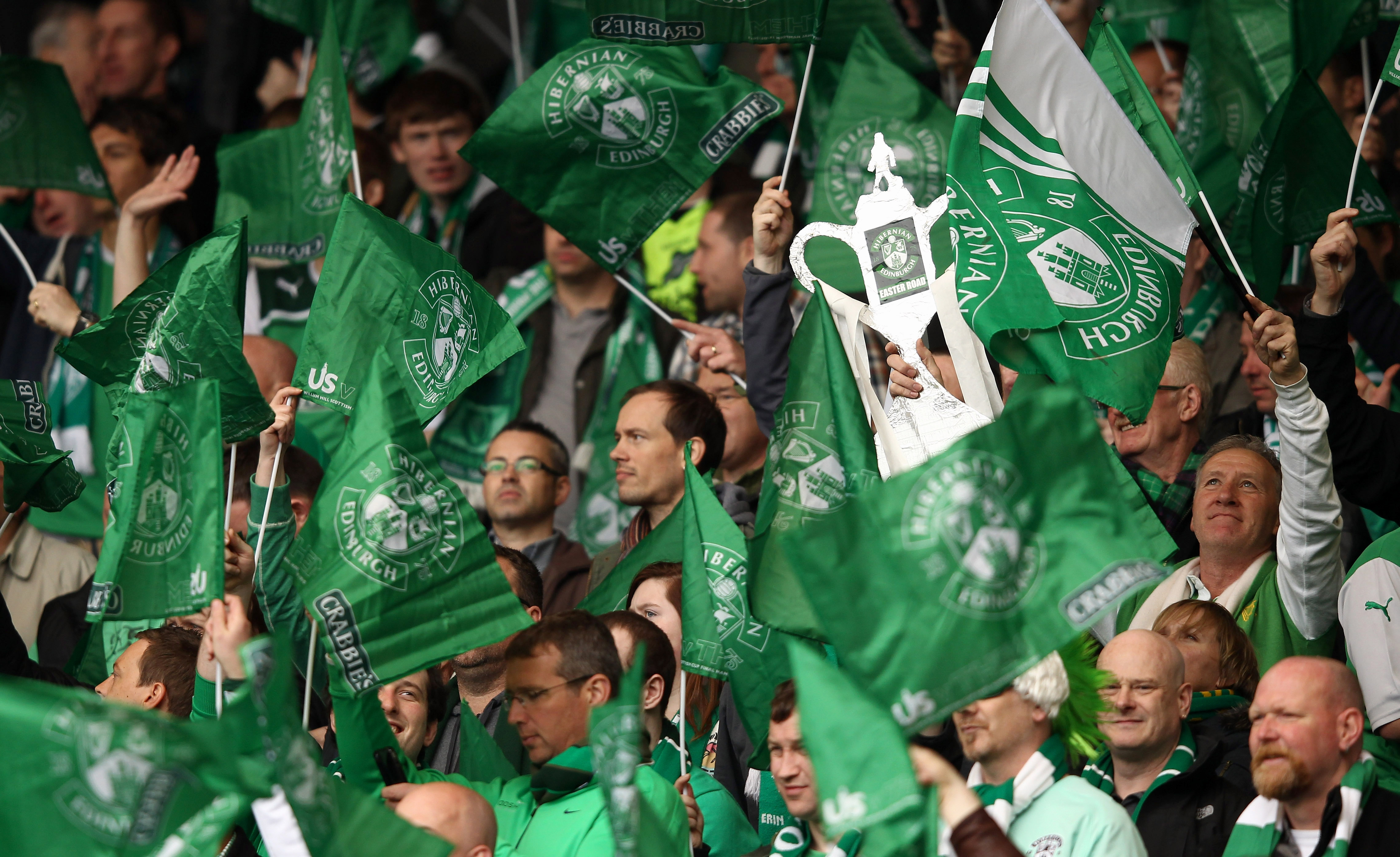 GLASGOW, SCOTLAND - MAY 19: Hibernian fans during the William Hill Scottish Cup Final between Hibernian and Hearts at Hampden Park on May 19, 2012 in Glasgow, Scotland. (Photo by Ian Walton/Getty Images)