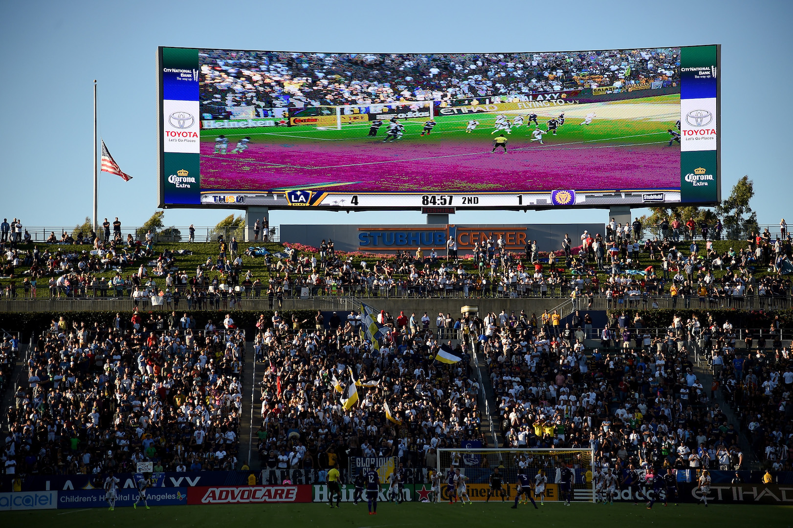 CARSON, CA - SEPTEMBER 11: The American flag is flown at half-staff to honor the victims of 9/11 during the game between the Orlando City FC and the Los Angeles Galaxy at StubHub Center on September 11, 2016 in Carson, California. (Photo by Harry How/Getty Images)