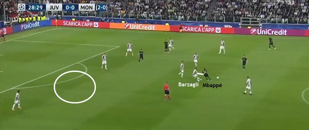 Qui siamo nel match di ritorno, ma il concetto è lo stesso. Barzagli abbandona la sua zona per contrastare la punta francese