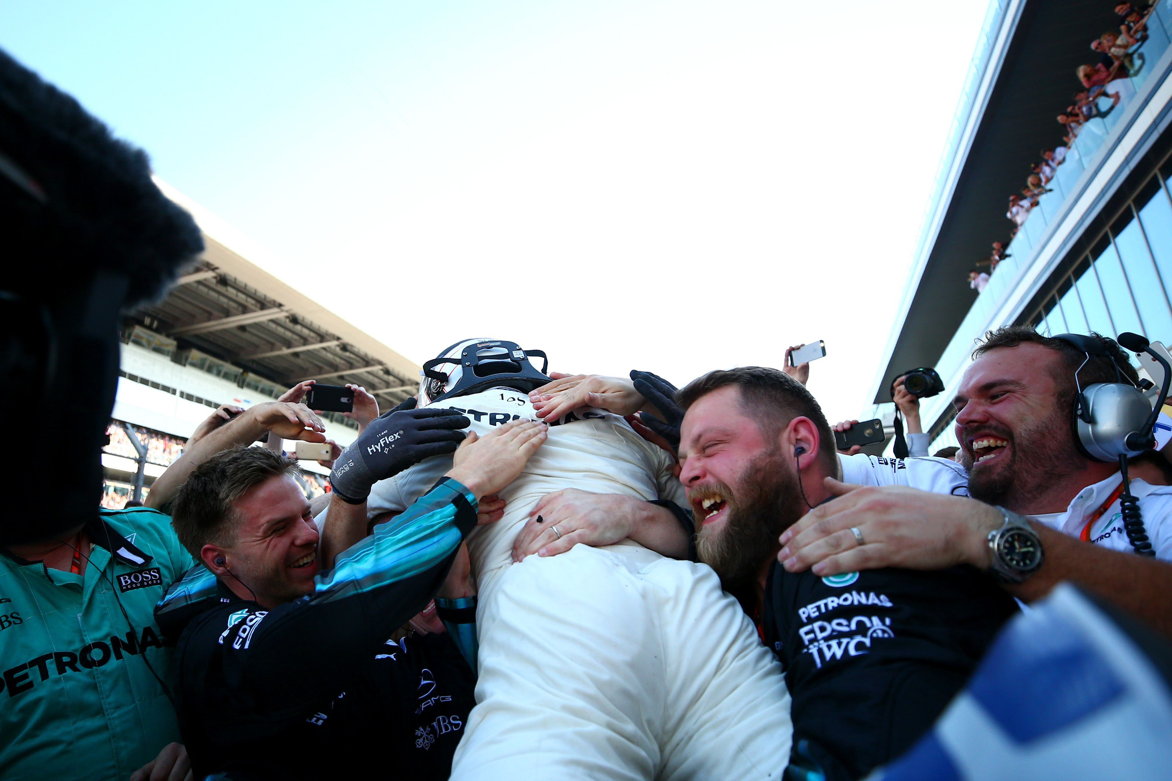 SOCHI, RUSSIA - APRIL 30: Race winner Valtteri Bottas of Finland and Mercedes GP celebrates in parc ferme during the Formula One Grand Prix of Russia on April 30, 2017 in Sochi, Russia. (Photo by Dan Istitene/Getty Images)