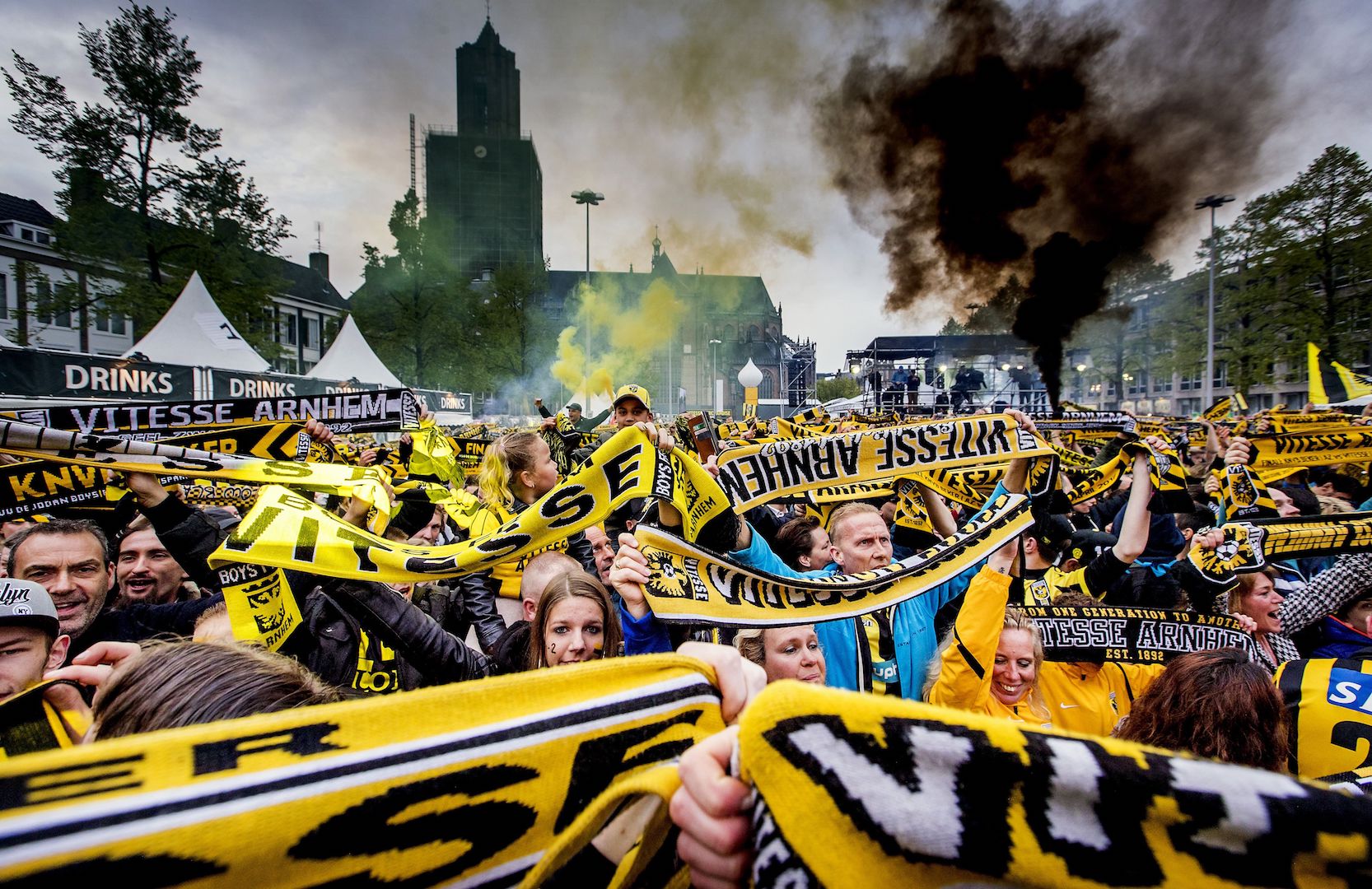 Netherland's Vitesse Arnhem supporters celebrate during the ceremony of Vitesse Arnhem's selection in front of City Hall of Arnhem on May 1, 2017, after winning the Dutch KNVB Cup football final. / AFP PHOTO / ANP / Koen van Weel / Netherlands OUT (Photo credit should read KOEN VAN WEEL/AFP/Getty Images)