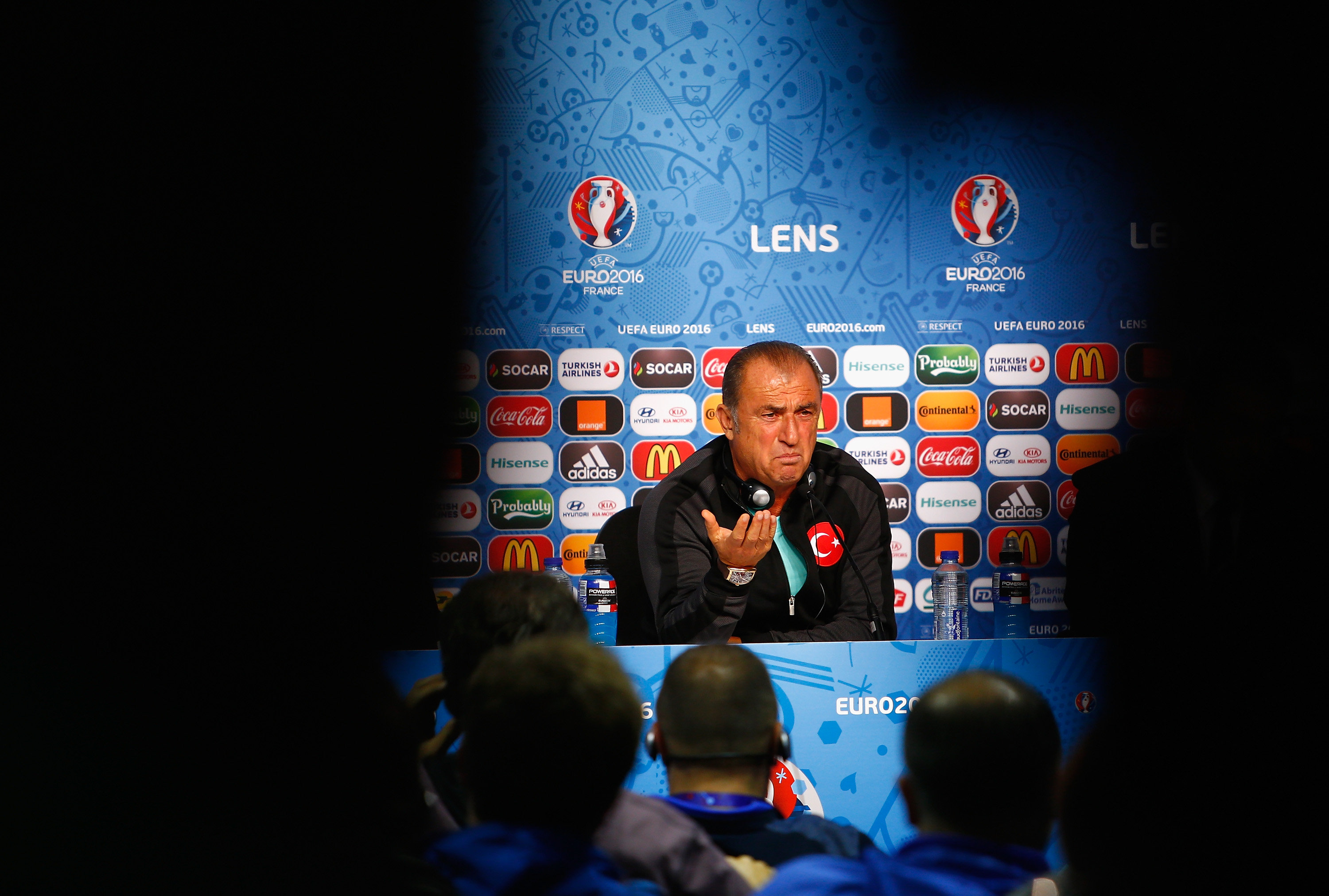 LENS, FRANCE - JUNE 20: Head Coach Fatih Terim of Turkey talks to the media during the Turkey Press Conference at the Stade Bollaert-Delelis on June 20, 2016 in Lens, France. (Photo by Handout/UEFA via Getty Images)