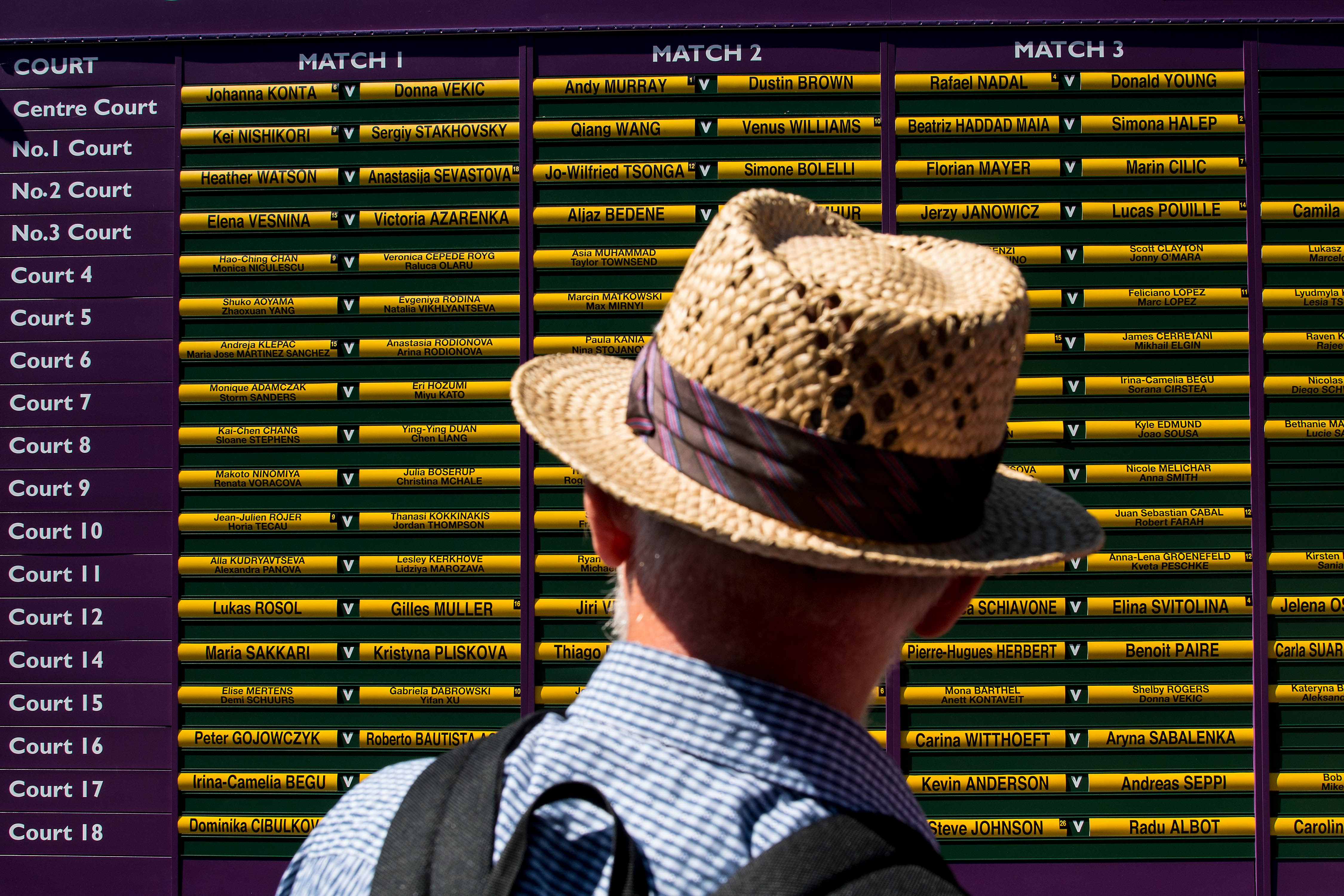 LONDON, ENGLAND - JULY 05: A spectaror looks at the order of play board on day three of the Wimbledon Lawn Tennis Championships at the All England Lawn Tennis and Croquet Clubon July 4, 2017 in London, England. (Photo by David Ramos/Getty Images)