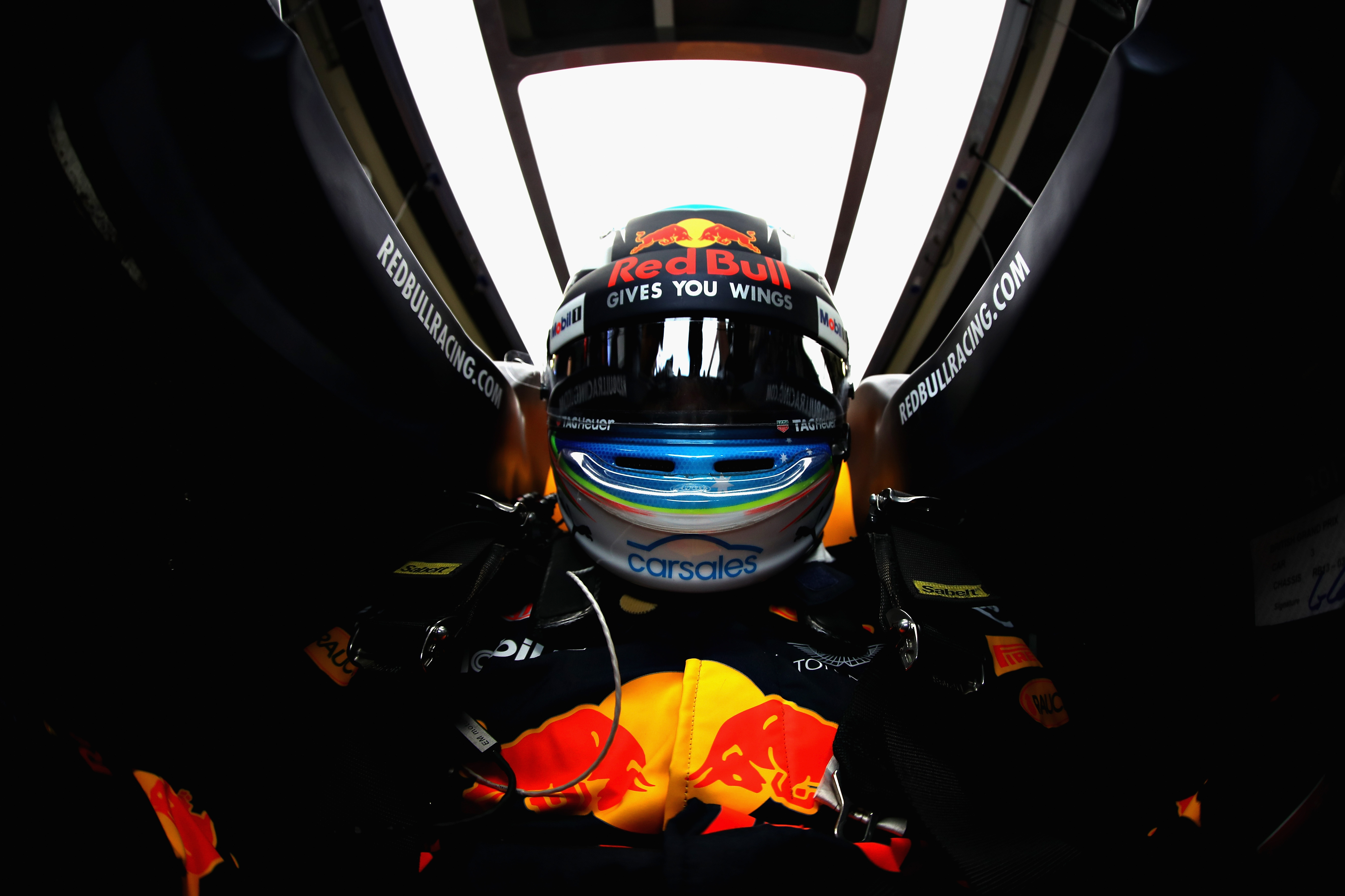 NORTHAMPTON, ENGLAND - JULY 14: Daniel Ricciardo of Australia and Red Bull Racing prepares to drive during practice for the Formula One Grand Prix of Great Britain at Silverstone on July 14, 2017 in Northampton, England. Photo shot by Daniel Ricciardo from inside his car (Photo by Mark Thompson/Getty Images)