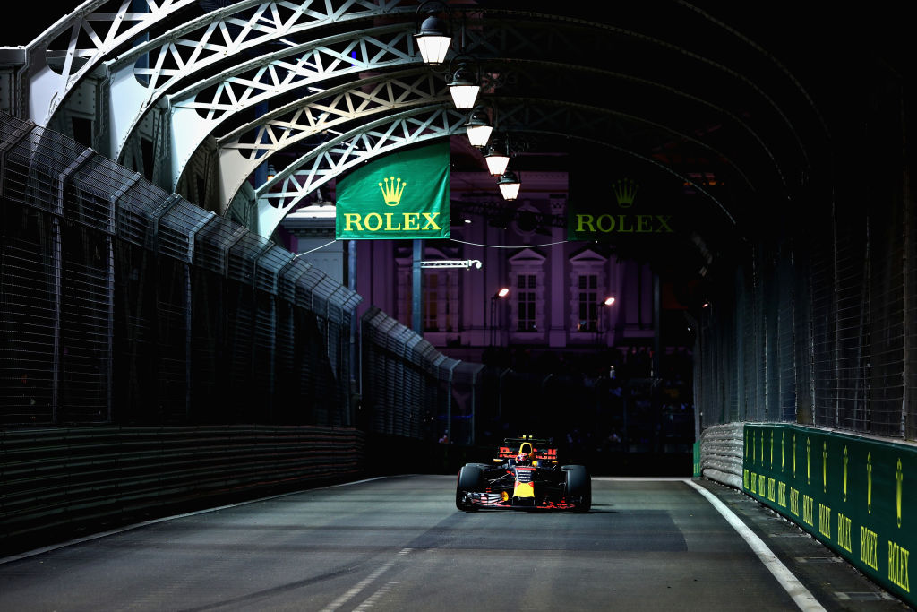 SINGAPORE - SEPTEMBER 15: Max Verstappen of the Netherlands driving the (33) Red Bull Racing Red Bull-TAG Heuer RB13 TAG Heuer on track during practice for the Formula One Grand Prix of Singapore at Marina Bay Street Circuit on September 15, 2017 in Singapore. (Photo by Lars Baron/Getty Images)