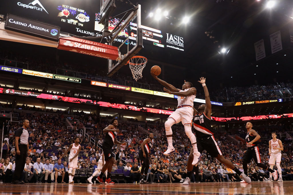 during the first half of the NBA game at Talking Stick Resort Arena on October 18, 2017 in Phoenix, Arizona. NOTE TO USER: User expressly acknowledges and agrees that, by downloading and or using this photograph, User is consenting to the terms and conditions of the Getty Images License Agreement.