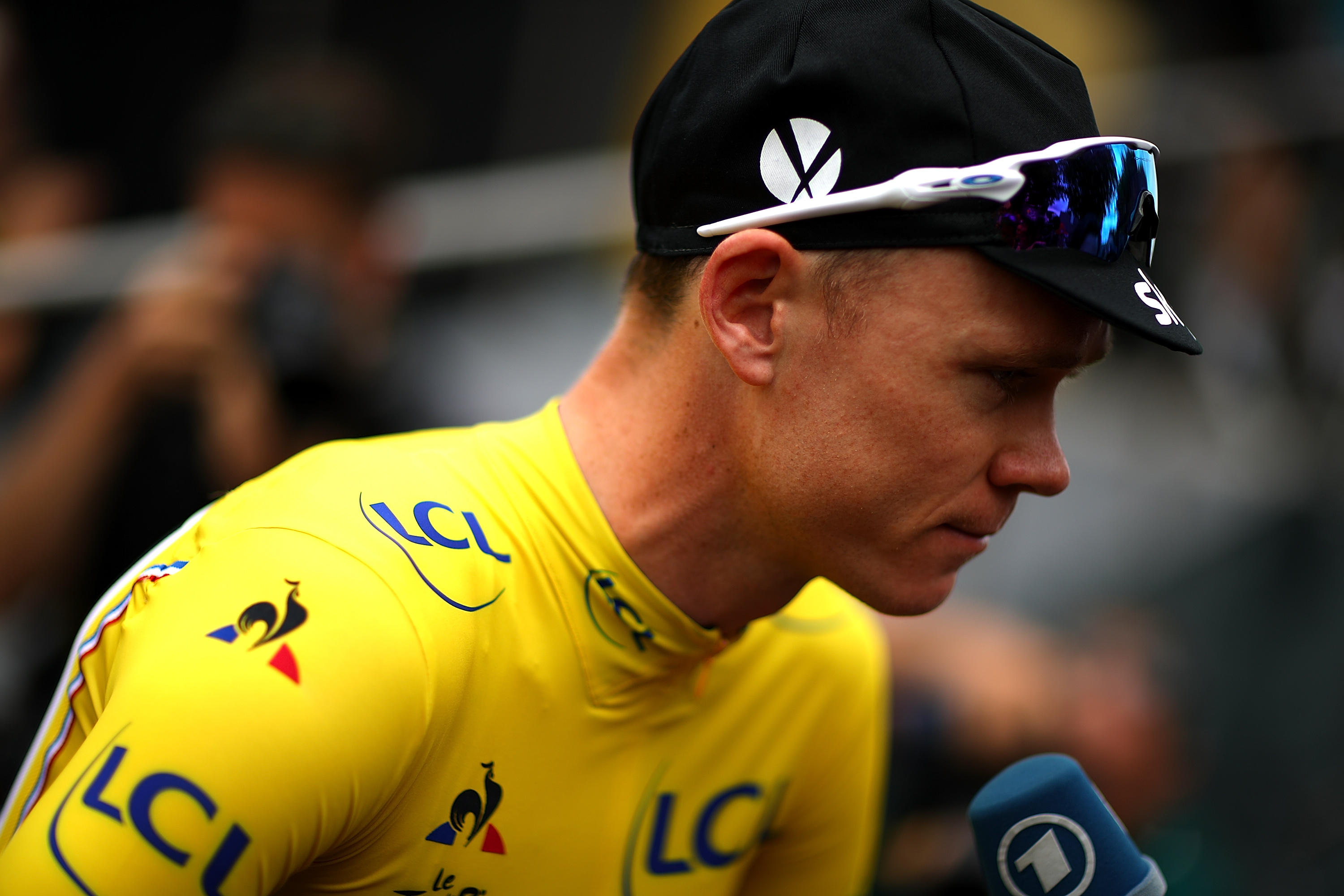 PARIS, FRANCE - JULY 23: Chris Froome of Great Britain and Team Sky speaks to the media ahead of stage twenty one of Le Tour de France 2017 on July 23, 2017 in Paris, France. (Photo by Chris Graythen/Getty Images)